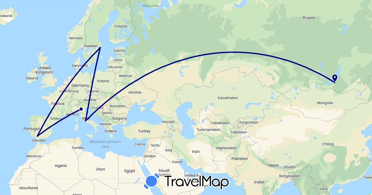 TravelMap itinerary: driving in Spain, Italy, Russia, Sweden (Europe)
